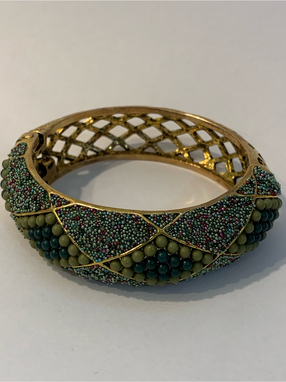 Art Deco Hinged Spring Bracelet Beaded Brass Tone Teal Olive Open Weave Vintage